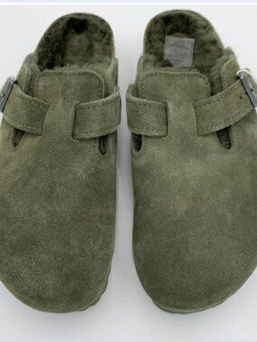 Birkenstock Boston Shearling Suede Leather Thyme Narrow Width Sandals